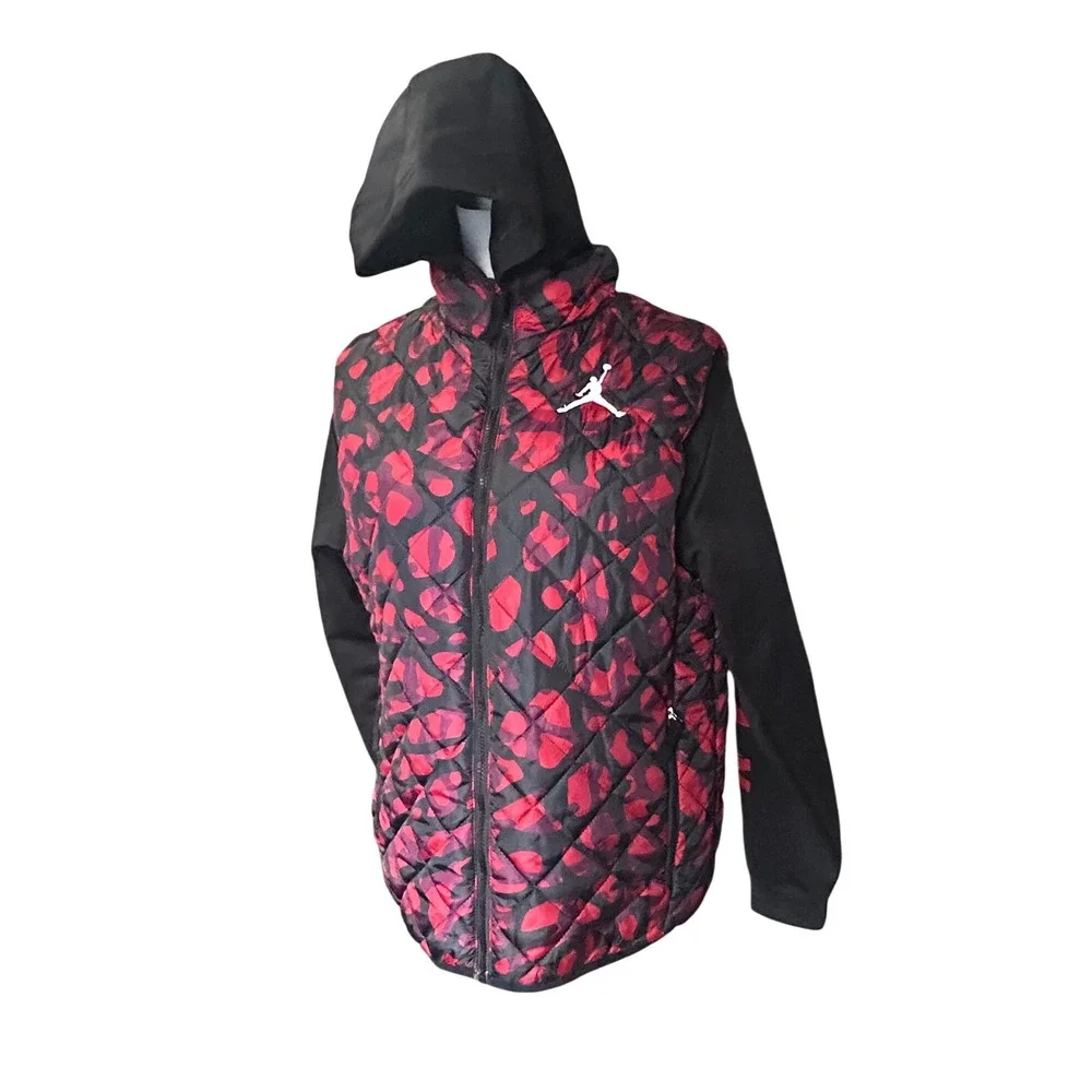 Jordan Kids Quilted Hooded Jacket‎ Red Black Floral Print Logo Size XL